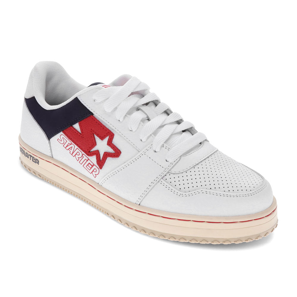 White/Navy/Red-Starter Mens LFS 1 Vintage Genuine Leather Casual Lace-Up Sneaker Shoe