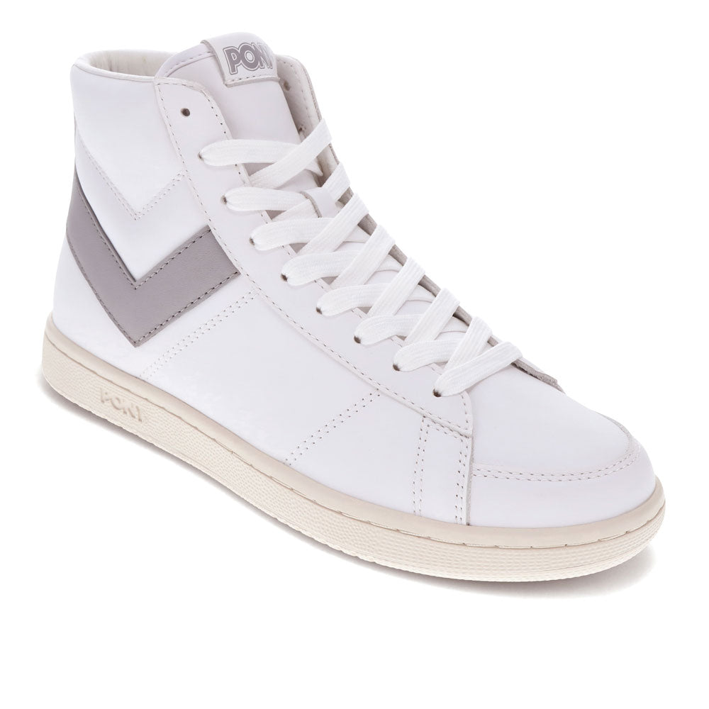 White/Grey/Off White-PONY Mens M-80 High Genuine Leather Premium Lace Up Athletic Sneaker Shoe