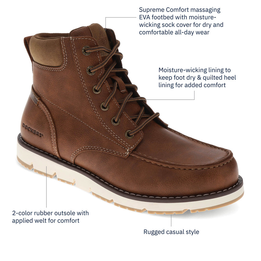 Cognac-Dockers Mens Davis Rugged Casual Tumbled Moc Toe Boot