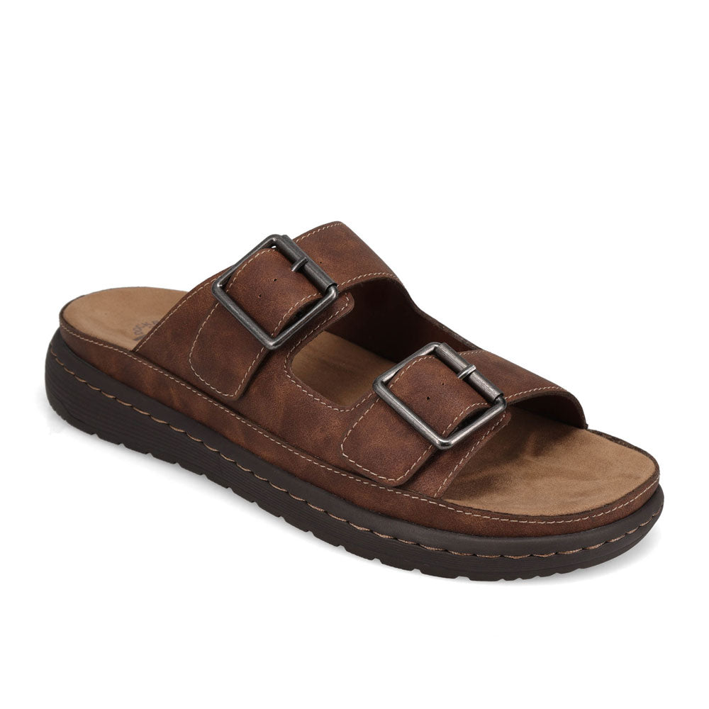 Dark Tan-Dockers Mens Santorini Tumbled Full Grain Open Toe Buckle Sandal