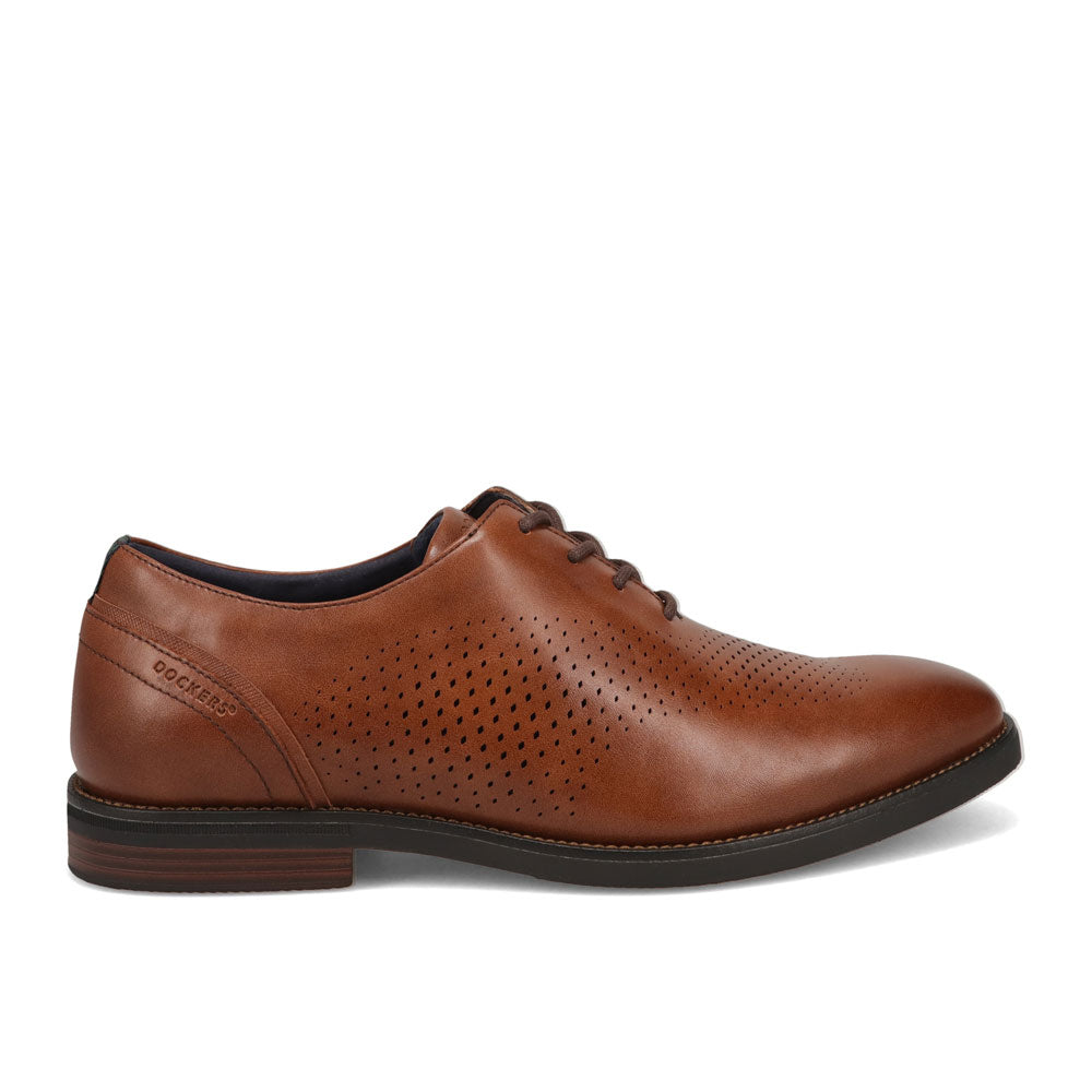 Cognac-Dockers Mens Blakeley Polished Laser Perforated Lace Up Oxford Dress Shoe