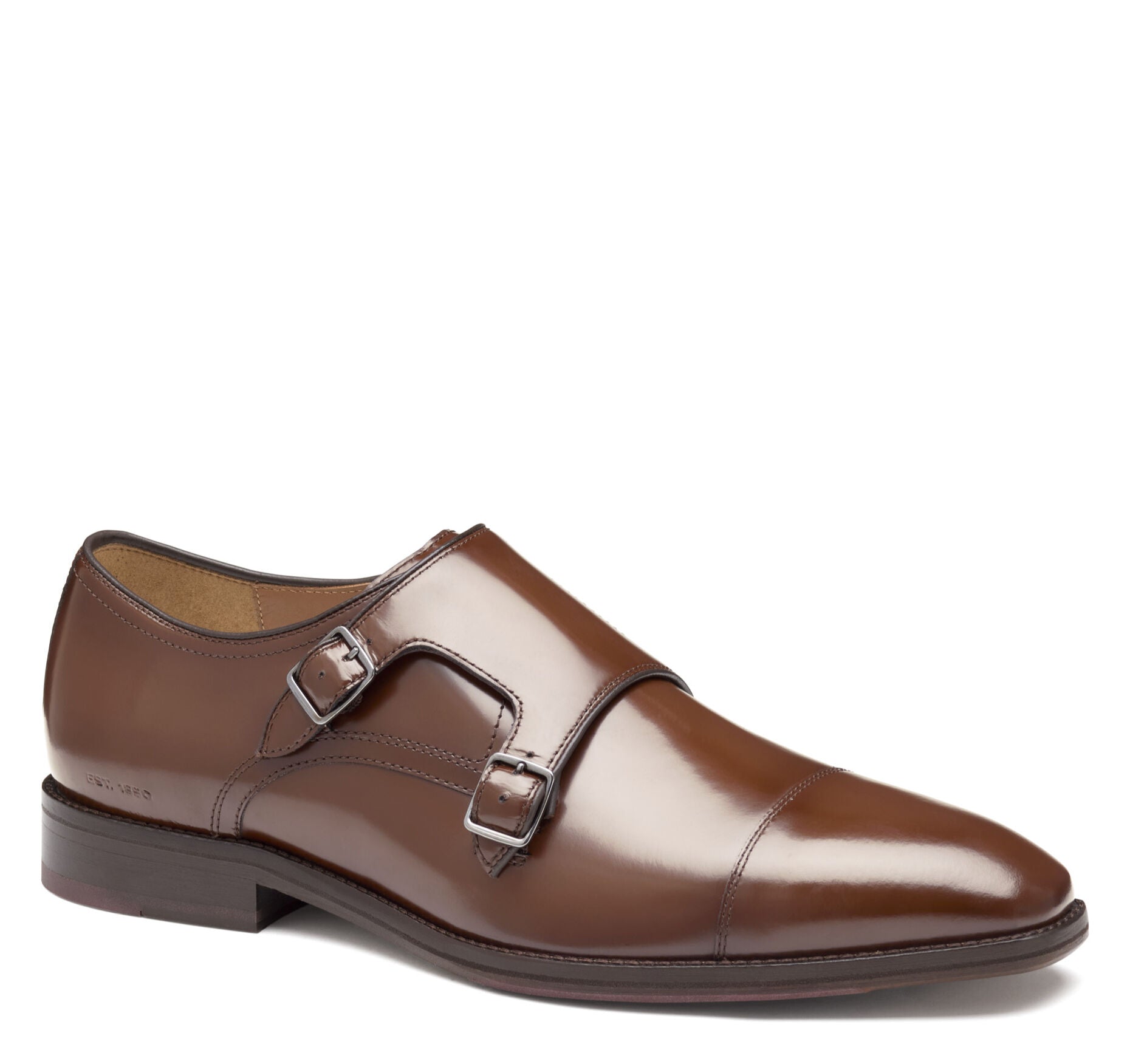 Brown Italian Calfskin-Johnston & Murphy Sullivan Double-Buckle Cap Toe Monk Strap Dress Shoe