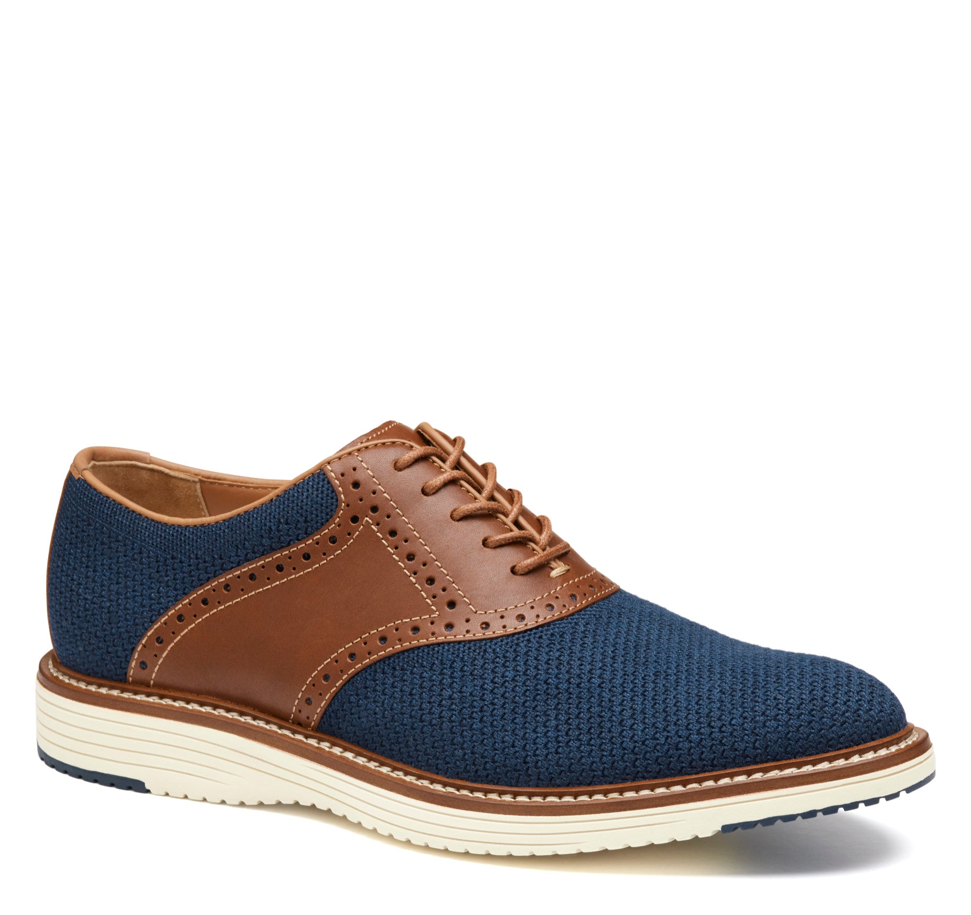Navy Knit/Tan Full Grain-Johnston & Murphy Upton Knit Saddle Lace Up Dress Casual Shoe