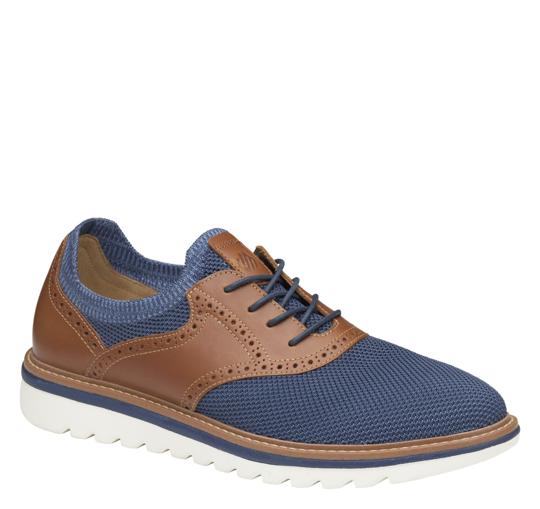 Navy Knit/Tan Full Grain-Johnston & Murphy Mens  Braydon Knit Saddle Shoe