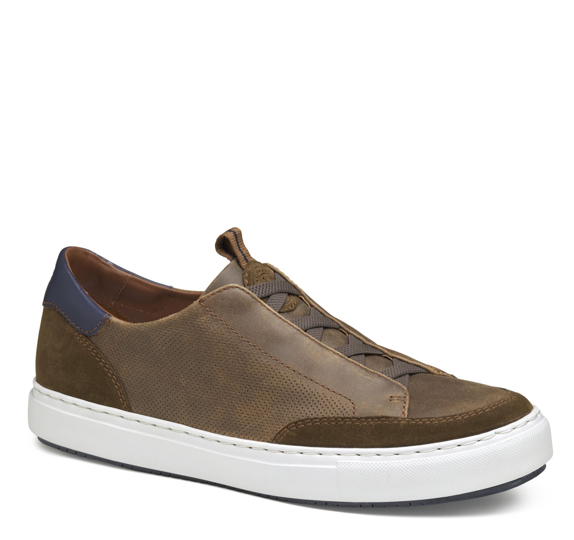 Brown English Suede/Sheepskin-Johnston & Murphy Anson Stretch Lace-to-Toe Slip-On Casual Sneaker