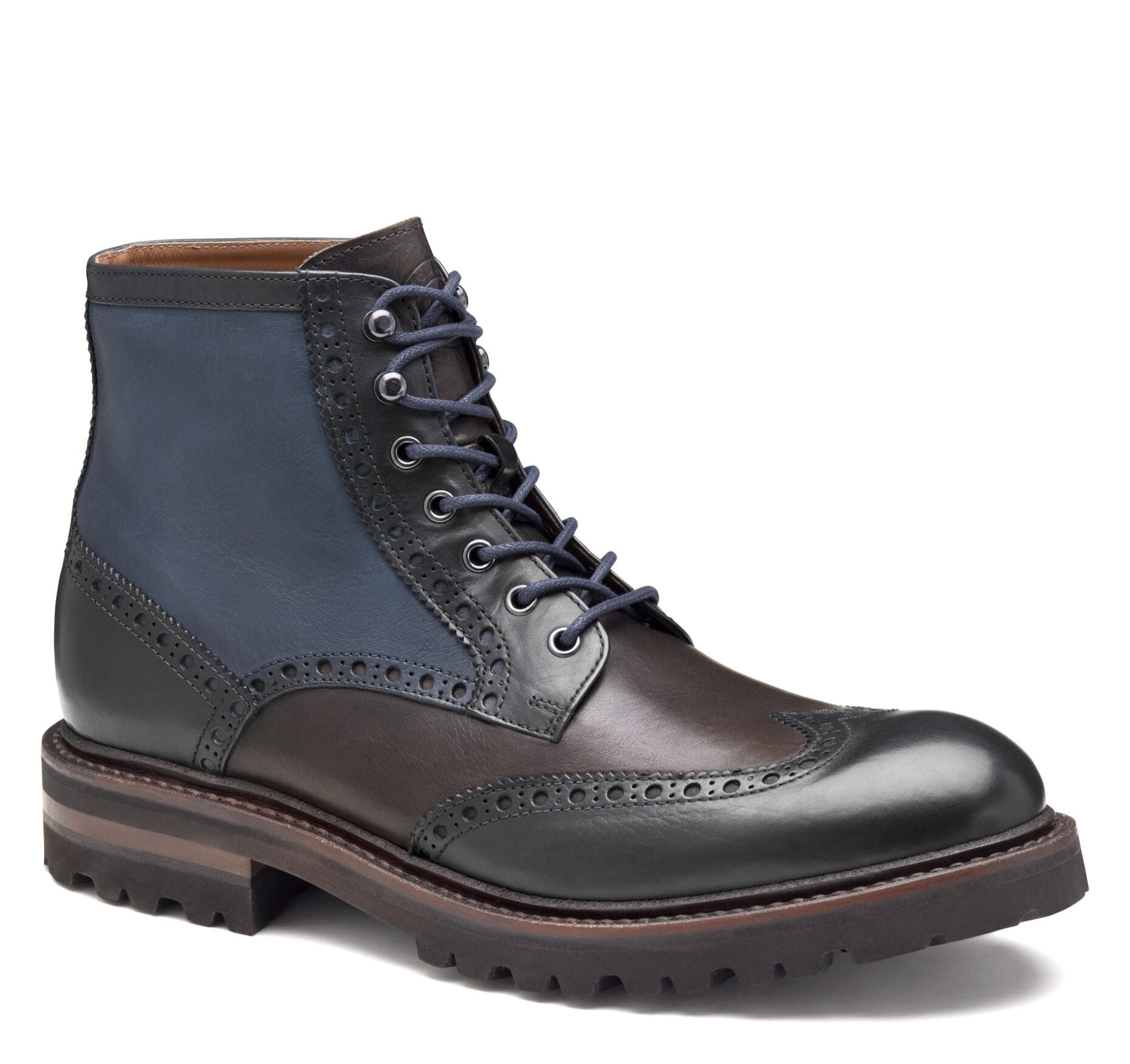 Navy Multi Hand-Stained Calfskin-Johnston & Murphy Dudley Lug Wingtip Lace-Up Dress Boot