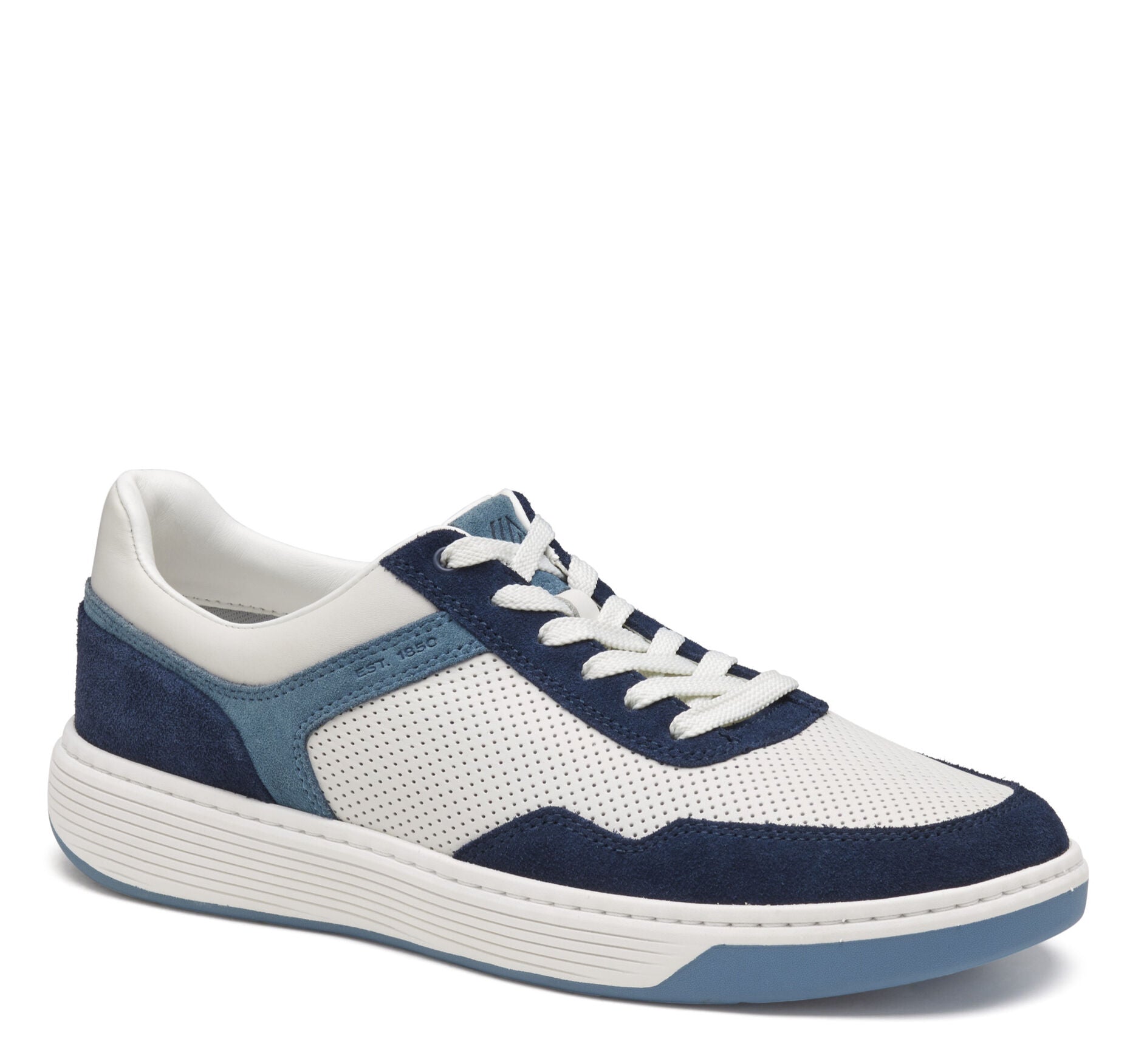 White Full Grain Leather/Blue/Navy Suede-Johnston & Murphy Dawson Moctoe U-Throat Casual Athletic Sneaker