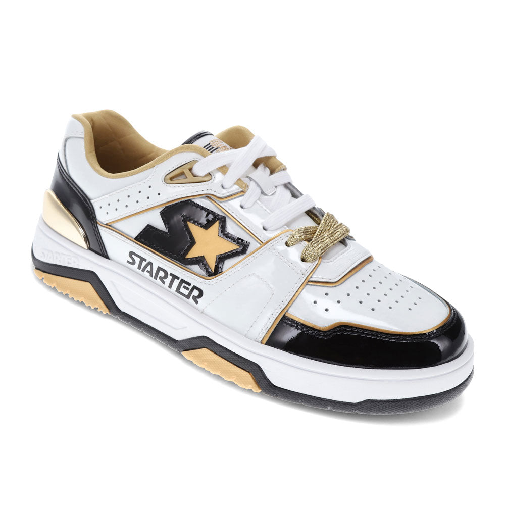 White/Black/Gold-Starter Mens Fast Break Low Genuine Leather Casual Lace Up Sneaker Shoe