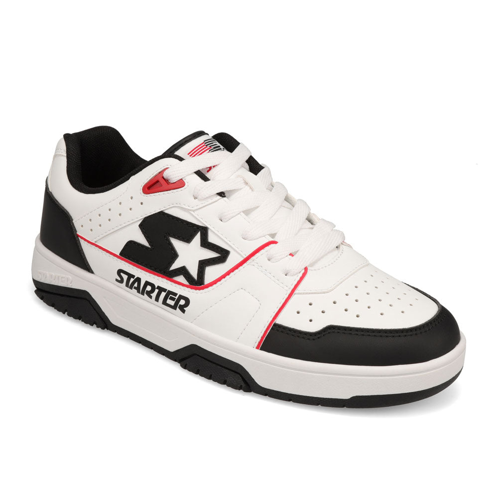 White/Black/Red-Starter Mens Fast Break Low Genuine Leather Sneaker