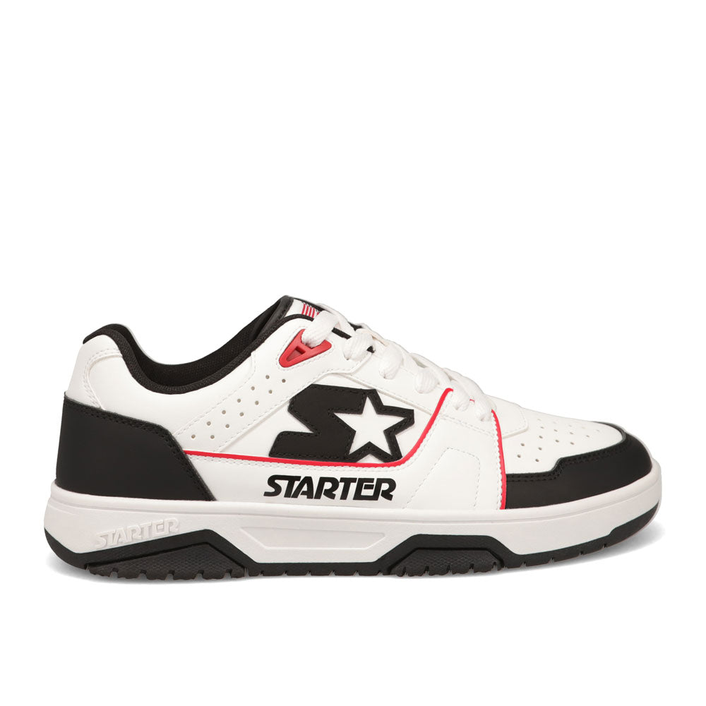 White/Black/Red-Starter Mens Fast Break Low Genuine Leather Sneaker