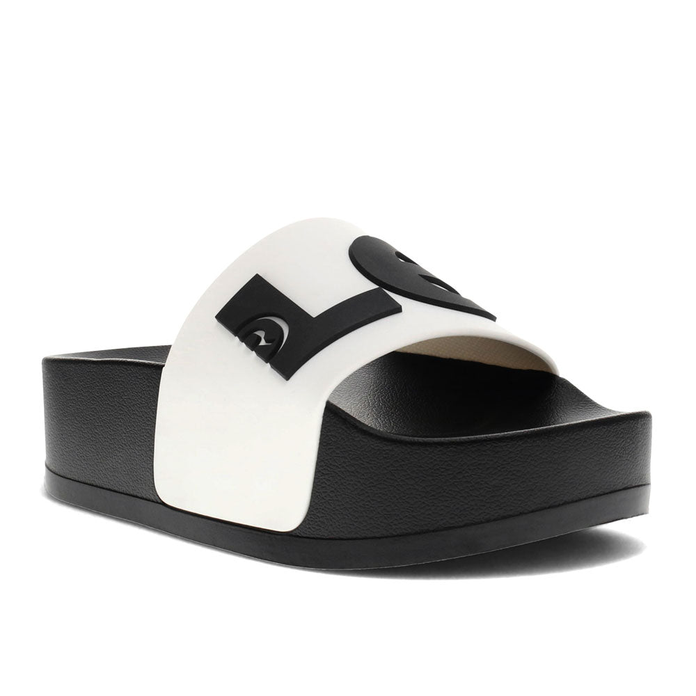 Black/White-Levi's Womens Split Logo Platform Slide Synthetic Vegan Rubber Sole Sandal Shoe
