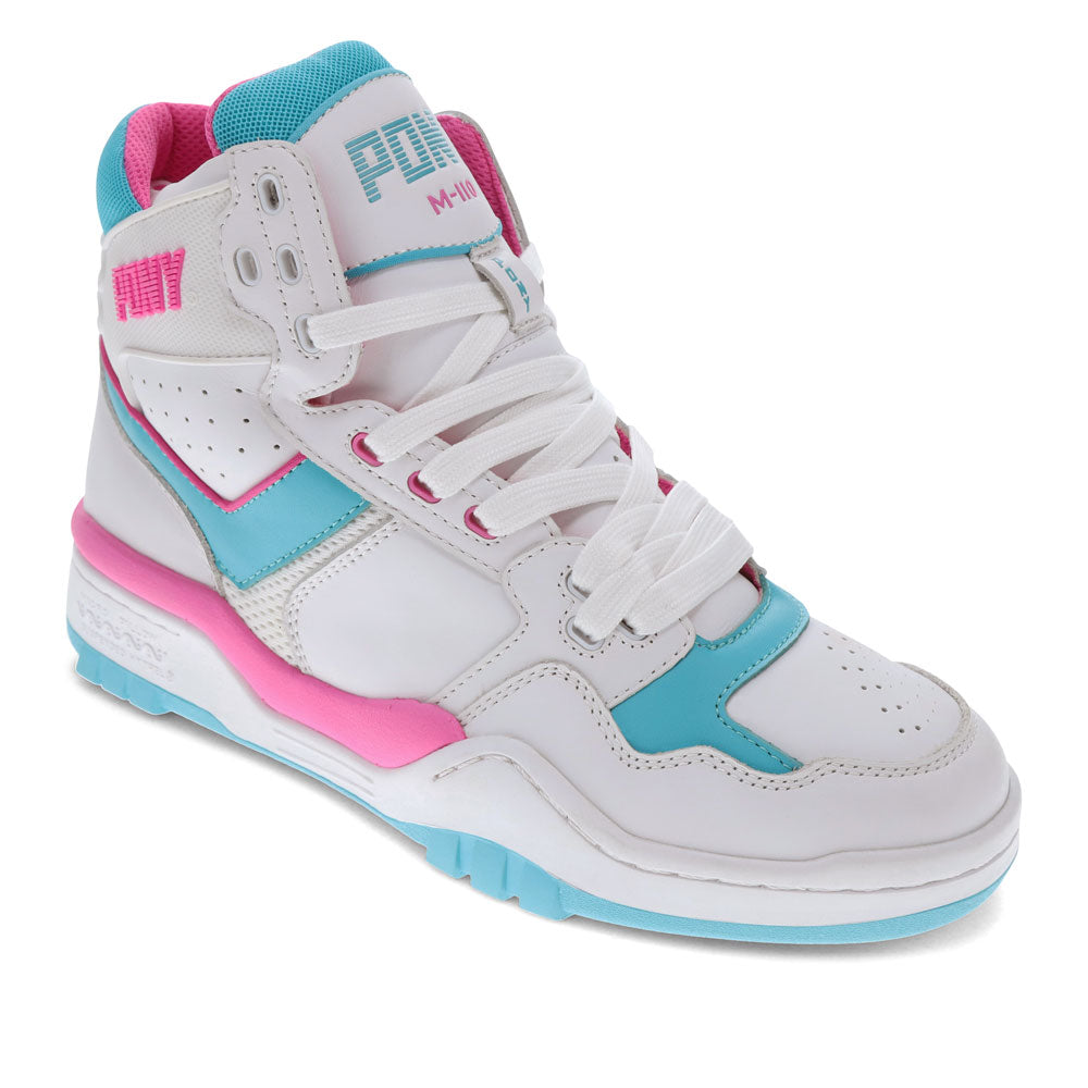 White/Scuba Blue/Pink-PONY Mens M110 Archive Genuine Leather Premium Lace Up Athletic Sneaker Shoe