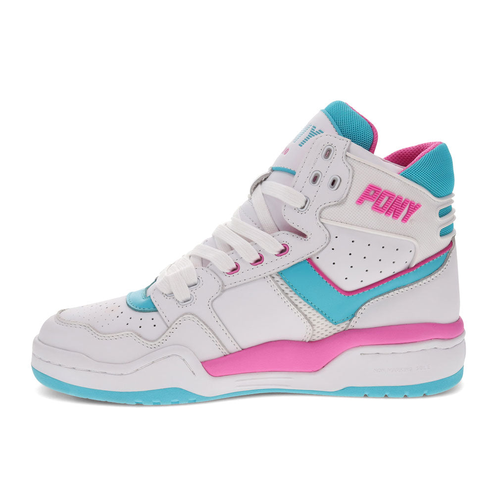 White/Scuba Blue/Pink-PONY Mens M110 Archive Genuine Leather Premium Lace Up Athletic Sneaker Shoe