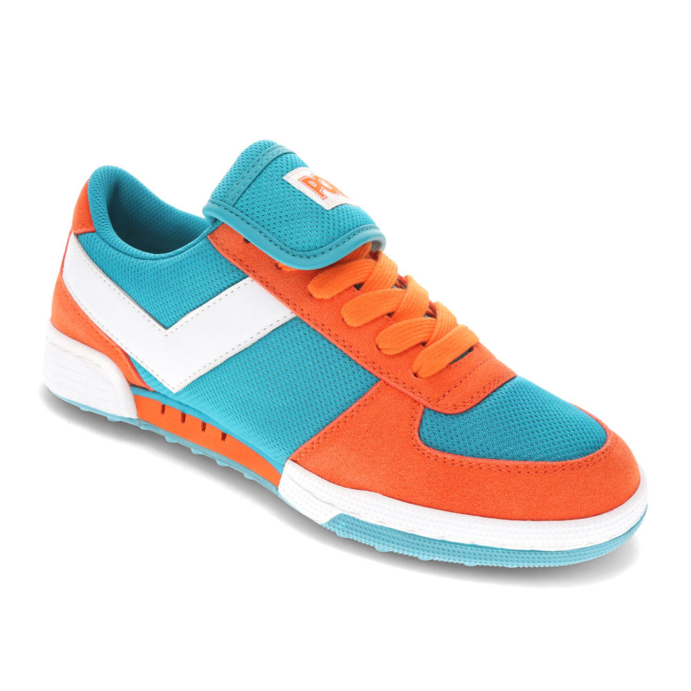 Aqua/Orange-PONY Mens Linebacker Archive Genuine Leather and Mesh Premium Lace Up Athletic Sneaker Shoe