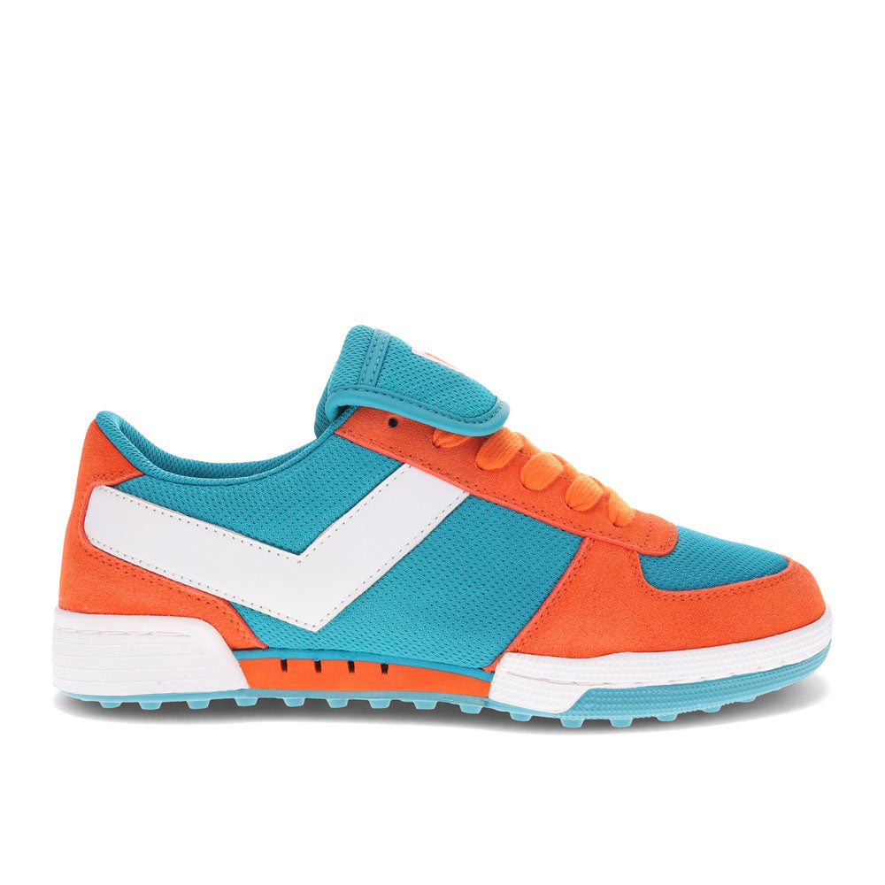 Aqua/Orange-PONY Mens Linebacker Archive Genuine Leather and Mesh Premium Lace Up Athletic Sneaker Shoe
