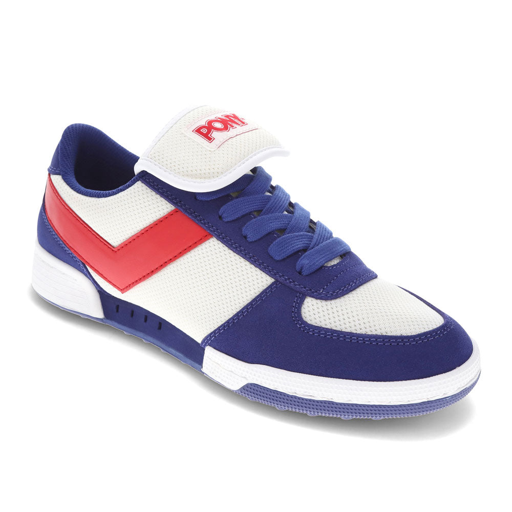 White/Blue/Red-PONY Mens Linebacker Archive Genuine Leather and Mesh Premium Lace Up Athletic Sneaker Shoe
