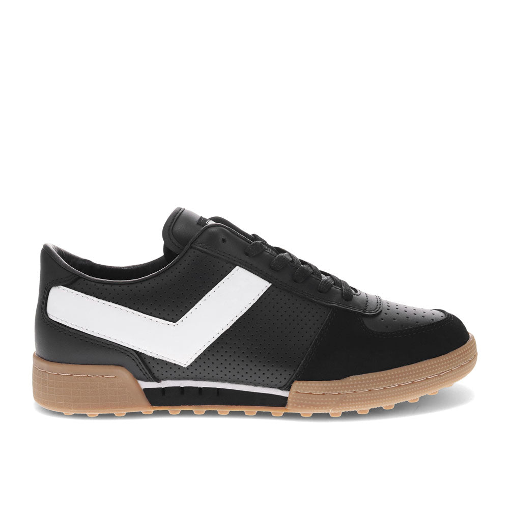 Black/White/Gum-PONY Mens Linebacker Lux Genuine Leather and Suede Premium Lace Up Athletic Sneaker Shoe