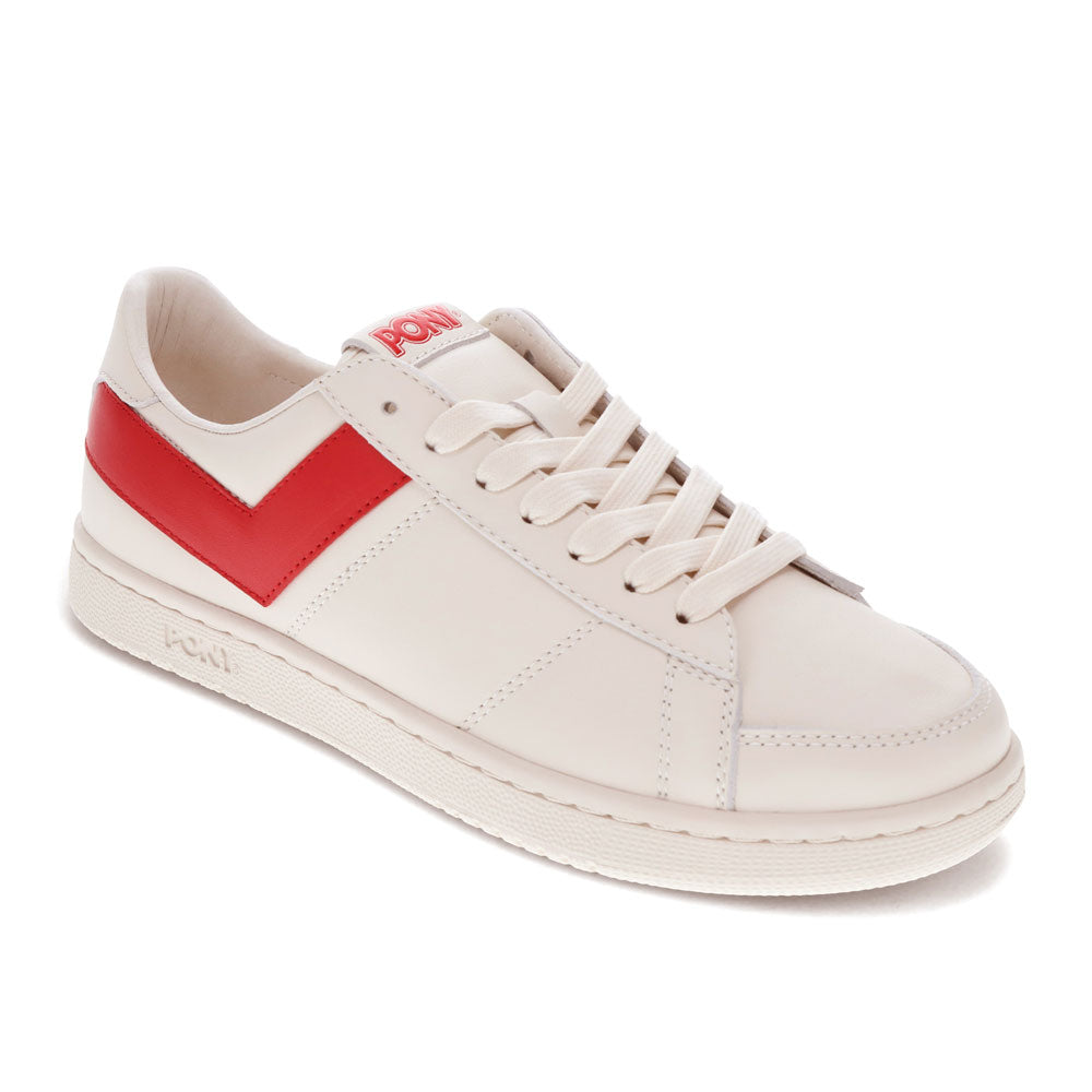 Off White/Red-PONY Mens M-80 Low Genuine Leather Premium Lace Up Athletic Sneaker Shoe