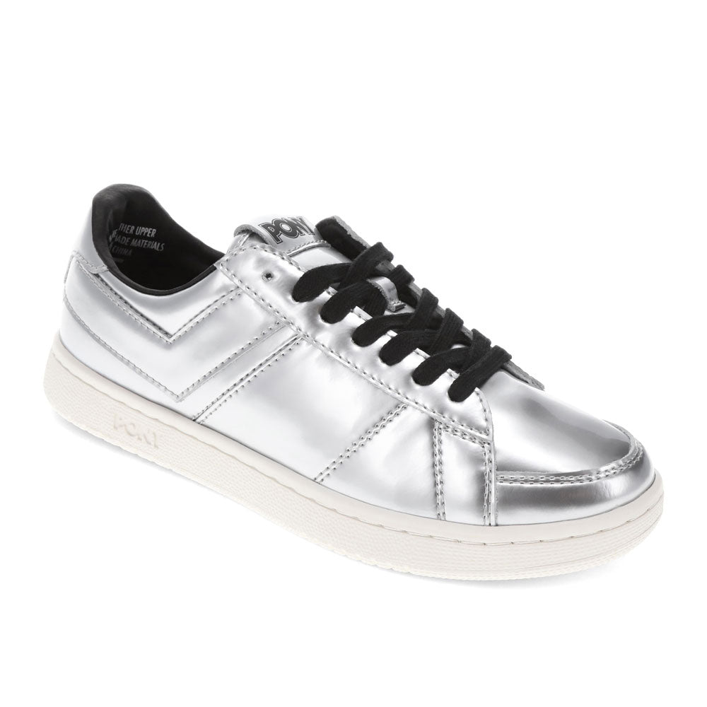 Silver-PONY Mens M-80 Low Metallic Genuine Leather Premium Lace Up Athletic Sneaker Shoe