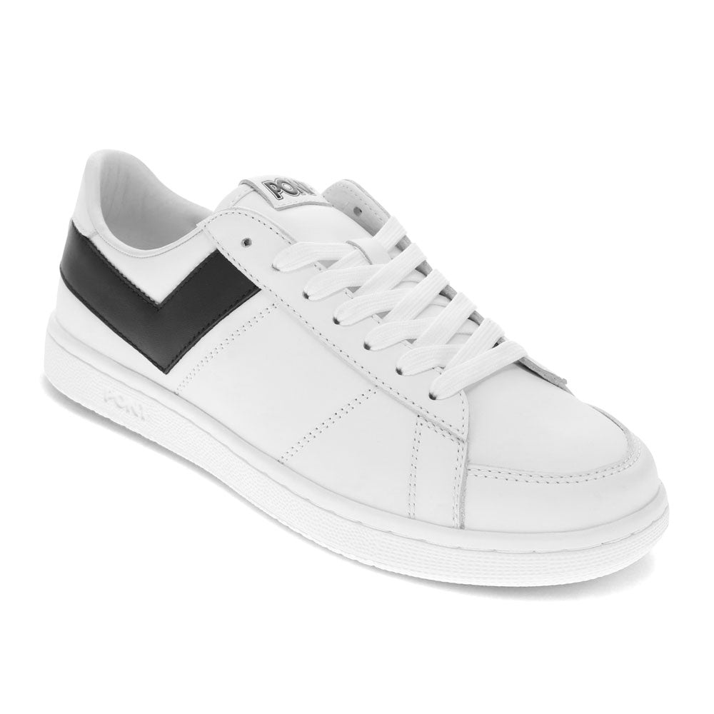 White/Black-PONY Mens M-80 Low Genuine Leather Premium Lace Up Athletic Sneaker Shoe