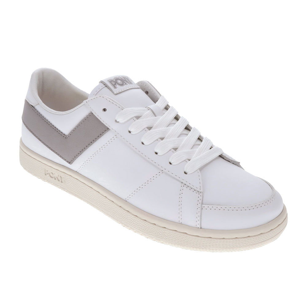 White/Grey/Off White-PONY Mens M-80 Low Genuine Leather Premium Lace Up Athletic Sneaker Shoe