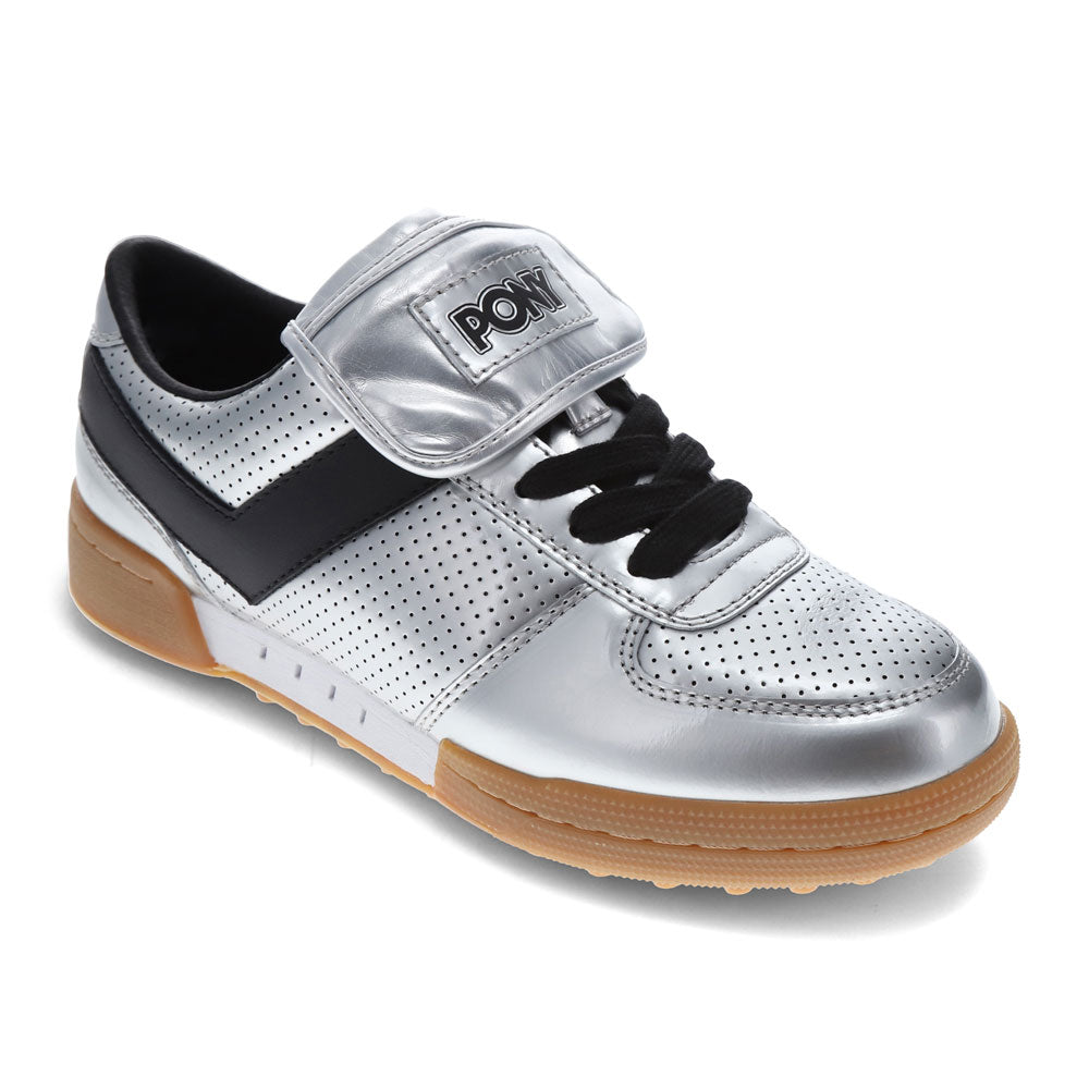 Silver/Black-PONY Mens Linebacker Metallic Genuine Leather Premium Lace Up Athletic Sneaker Shoe