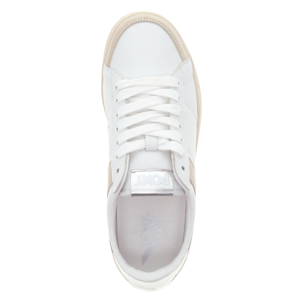 White/Silver-PONY Mens M-Pro Low Metallic Genuine Leather Premium Lace Up Athletic Sneaker Shoe