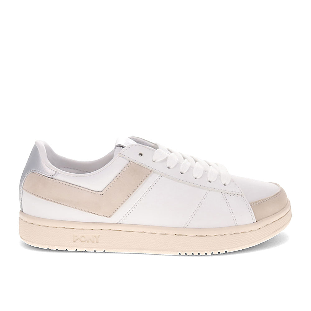 White/Silver-PONY Mens M-Pro Low Metallic Genuine Leather Premium Lace Up Athletic Sneaker Shoe