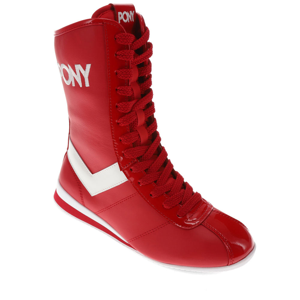 Red/White-PONY Womens KO-80 High Patent Genuine Leather Premium Lace Up Athletic Sneaker Shoe