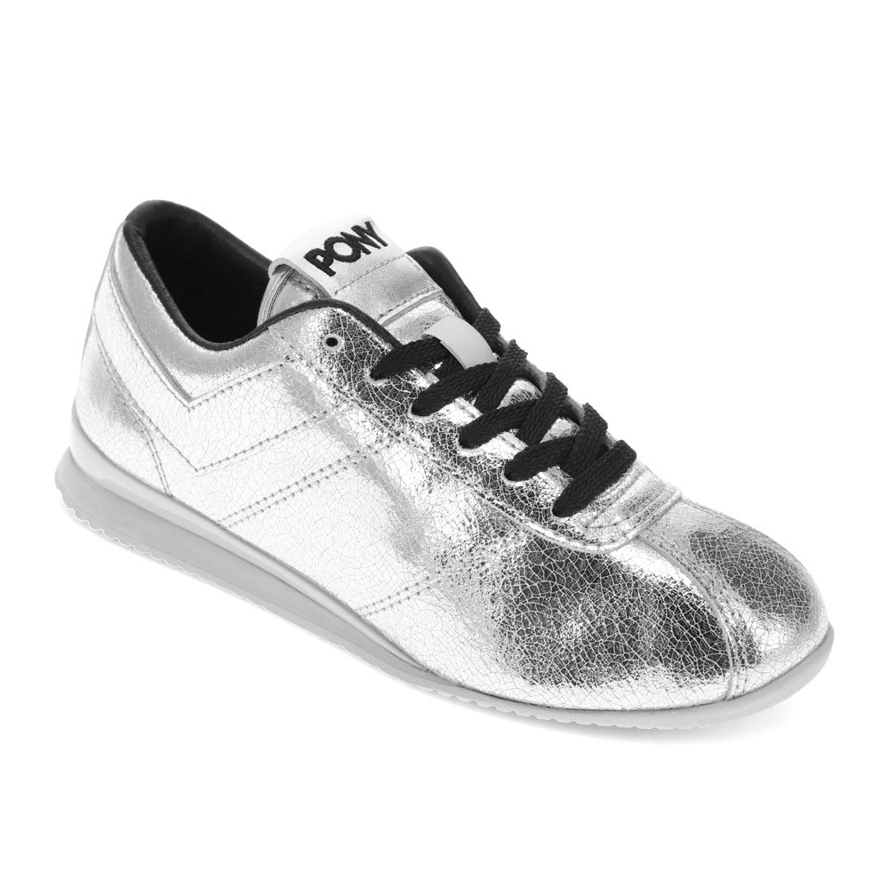 Silver-PONY Womens KO-Low Vintage Metallic Genuine Leather Premium Lace Up Athletic Sneaker Shoe