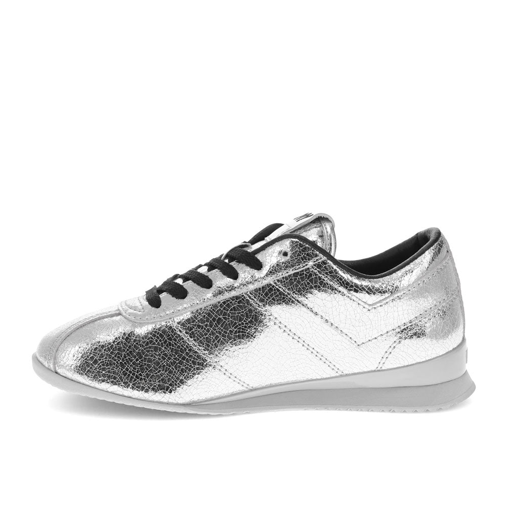 Silver-PONY Womens KO-Low Vintage Metallic Genuine Leather Premium Lace Up Athletic Sneaker Shoe