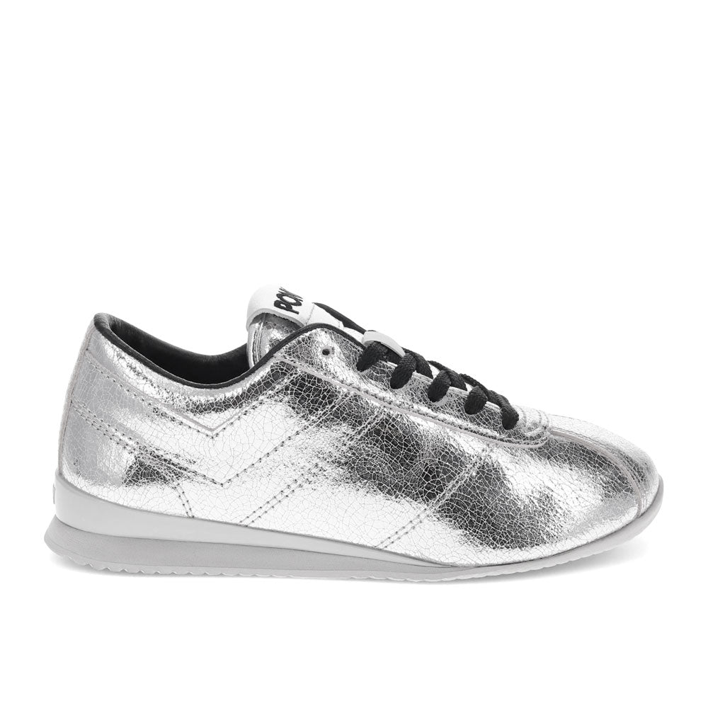 Silver-PONY Womens KO-Low Vintage Metallic Genuine Leather Premium Lace Up Athletic Sneaker Shoe