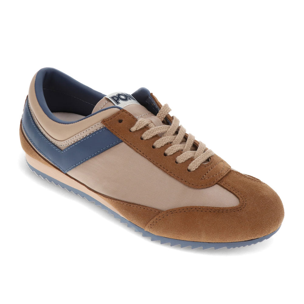 Tan/Brown/Blue-PONY Mens Racer Genuine Suede and Nylon Premium Lace Up Athletic Sneaker Shoe