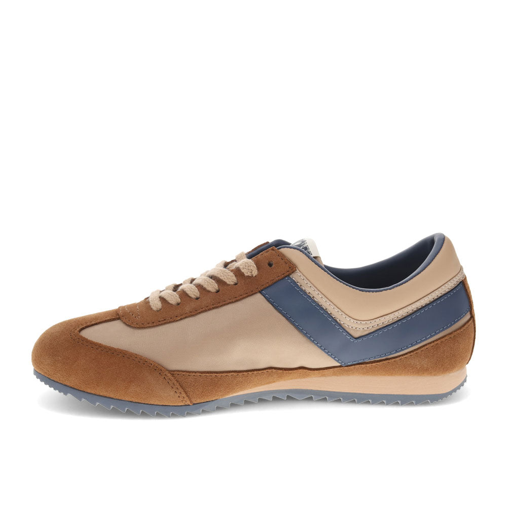 Tan/Brown/Blue-PONY Mens Racer Genuine Suede and Nylon Premium Lace Up Athletic Sneaker Shoe