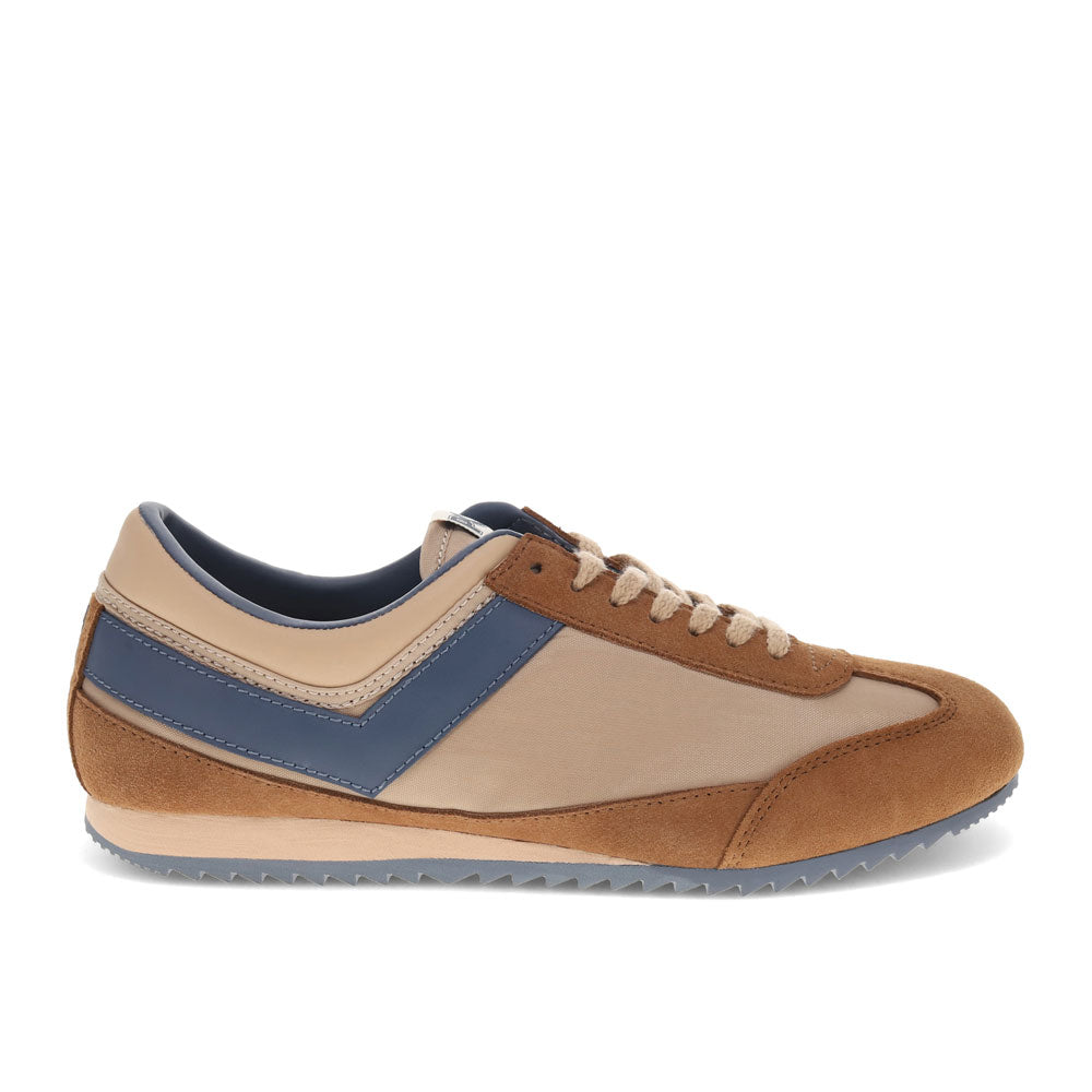 Tan/Brown/Blue-PONY Mens Racer Genuine Suede and Nylon Premium Lace Up Athletic Sneaker Shoe