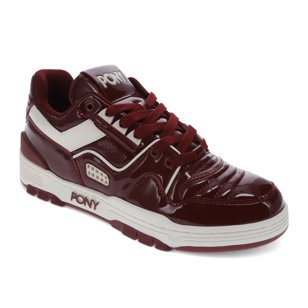 Burgundy/Off White-PONY Mens M100 Low Patent Genuine Leather Premium Lace Up Athletic Sneaker Shoe