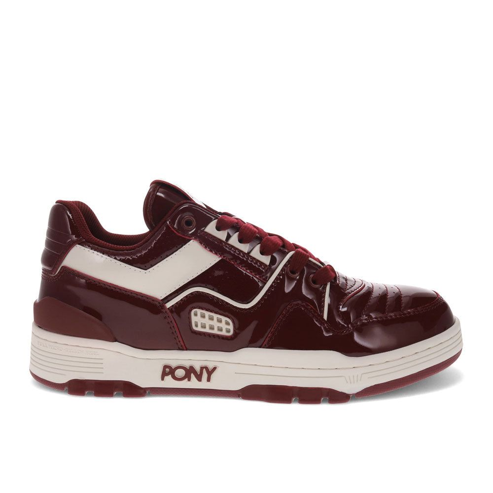 Burgundy/Off White-PONY Mens M100 Low Patent Genuine Leather Premium Lace Up Athletic Sneaker Shoe