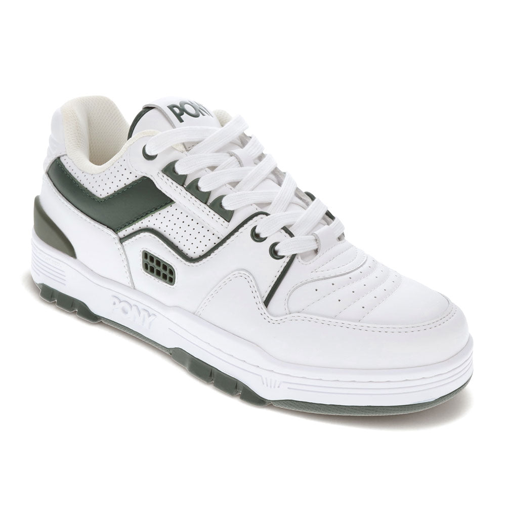 White/Dark Green-PONY Mens M100 Low Genuine Leather Premium Lace Up Athletic Sneaker Shoe