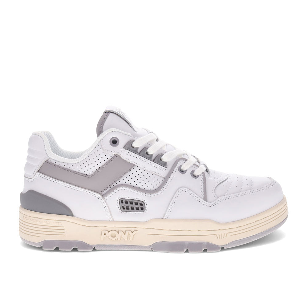 White/Gray-PONY Mens M100 Low Genuine Leather Premium Lace Up Athletic Sneaker Shoe