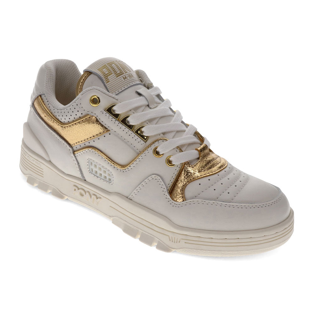 Snow White/Gold-PONY Mens M100 Low Metallic Genuine Leather Premium Lace Up Athletic Sneaker Shoe
