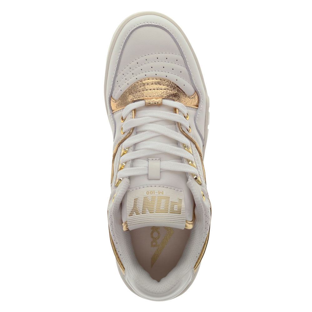 Snow White/Gold-PONY Mens M100 Low Metallic Genuine Leather Premium Lace Up Athletic Sneaker Shoe