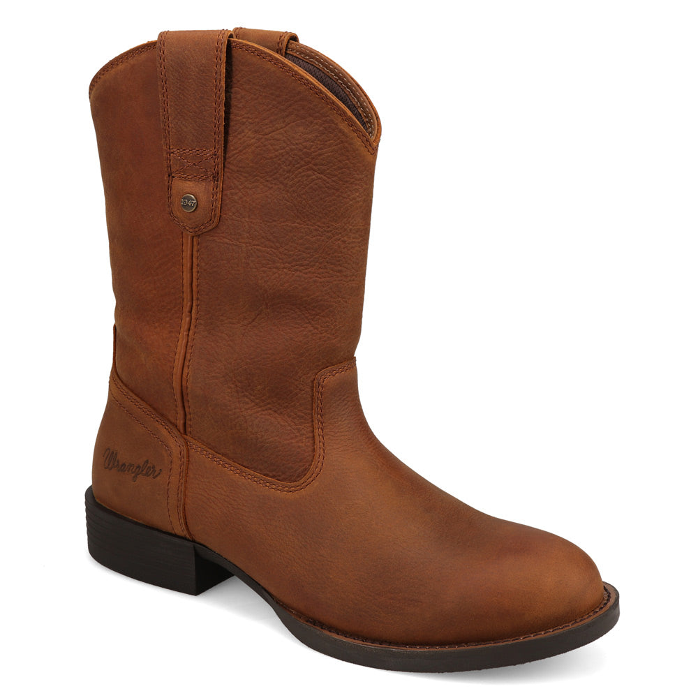 Saddle Tan-WRANGLER Mens Flint Leather Roper Western Work Boot