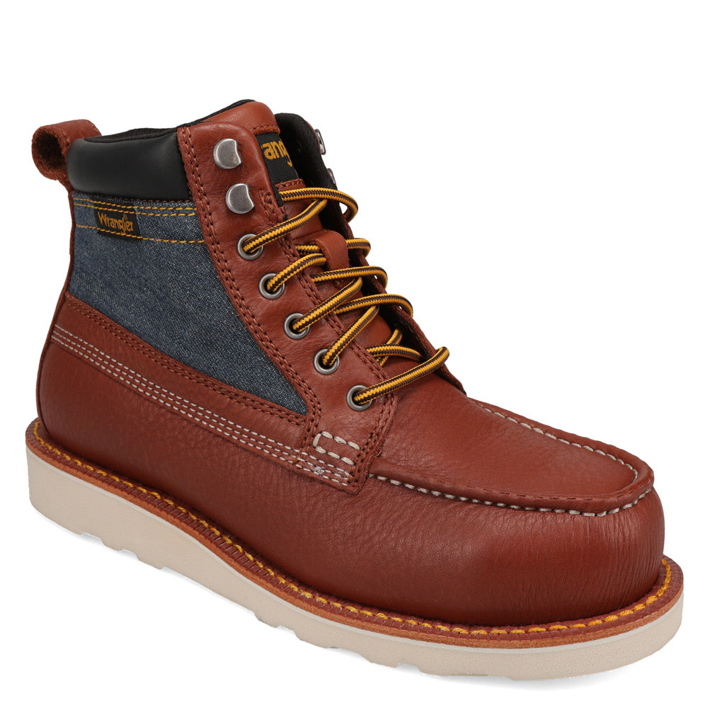 Peanut/Denim-WRANGLER Mens Trigger Denim Steel-Toe Wedge Work Boot