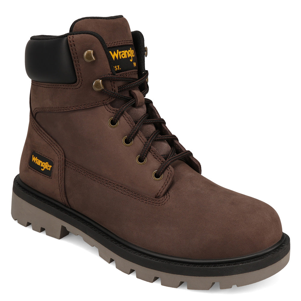 Dark Brown-WRANGLER Mens Angus Steel-Toe Lace-up Work Boot