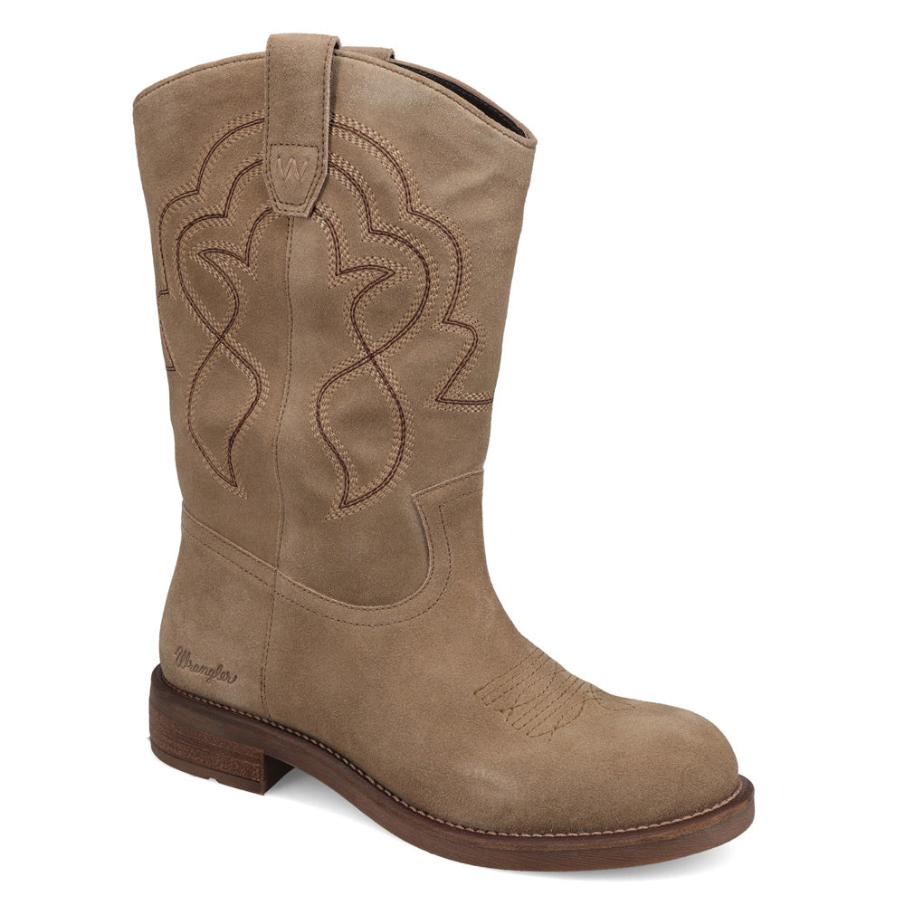 Sandstone-WRANGLER Womens Della Suede Round-Toe Western Cowboy Boot