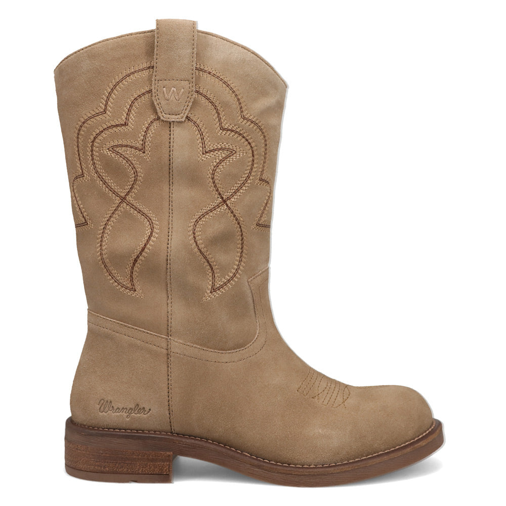 Sandstone-WRANGLER Womens Della Suede Round-Toe Western Cowboy Boot