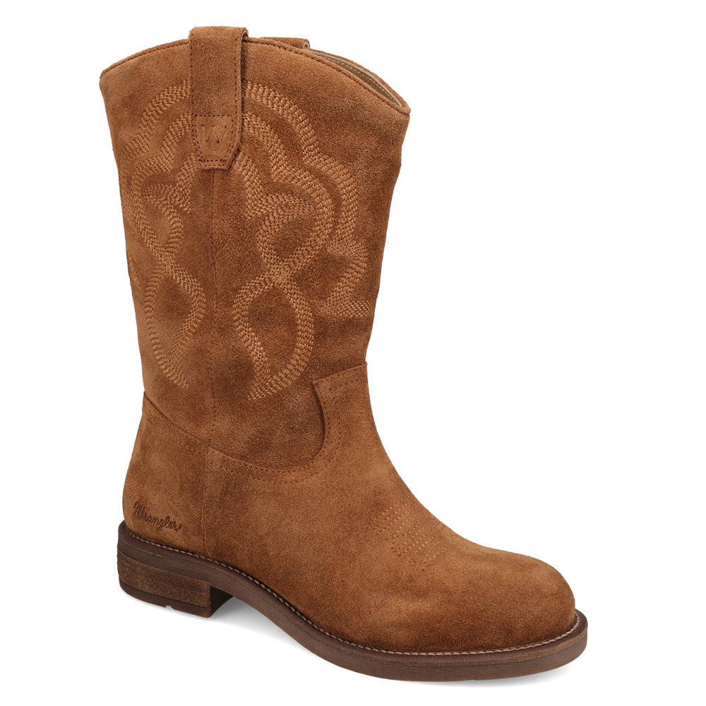 Buckskin-WRANGLER Womens Della Suede Round-Toe Western Cowboy Boot