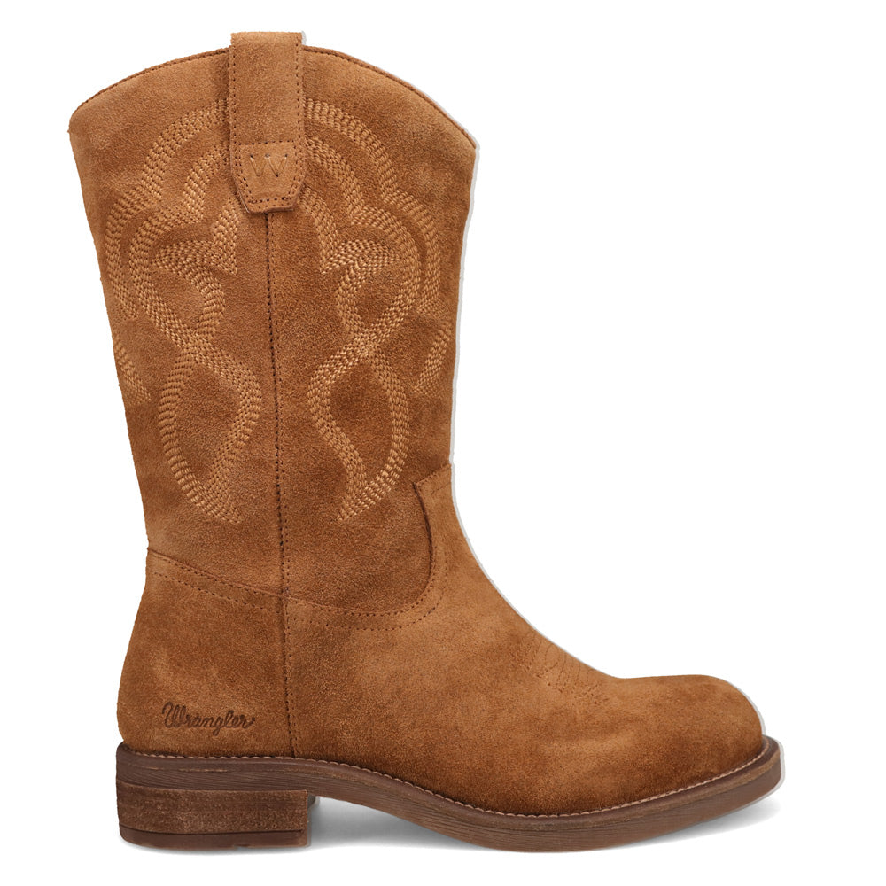 Buckskin-WRANGLER Womens Della Suede Round-Toe Western Cowboy Boot