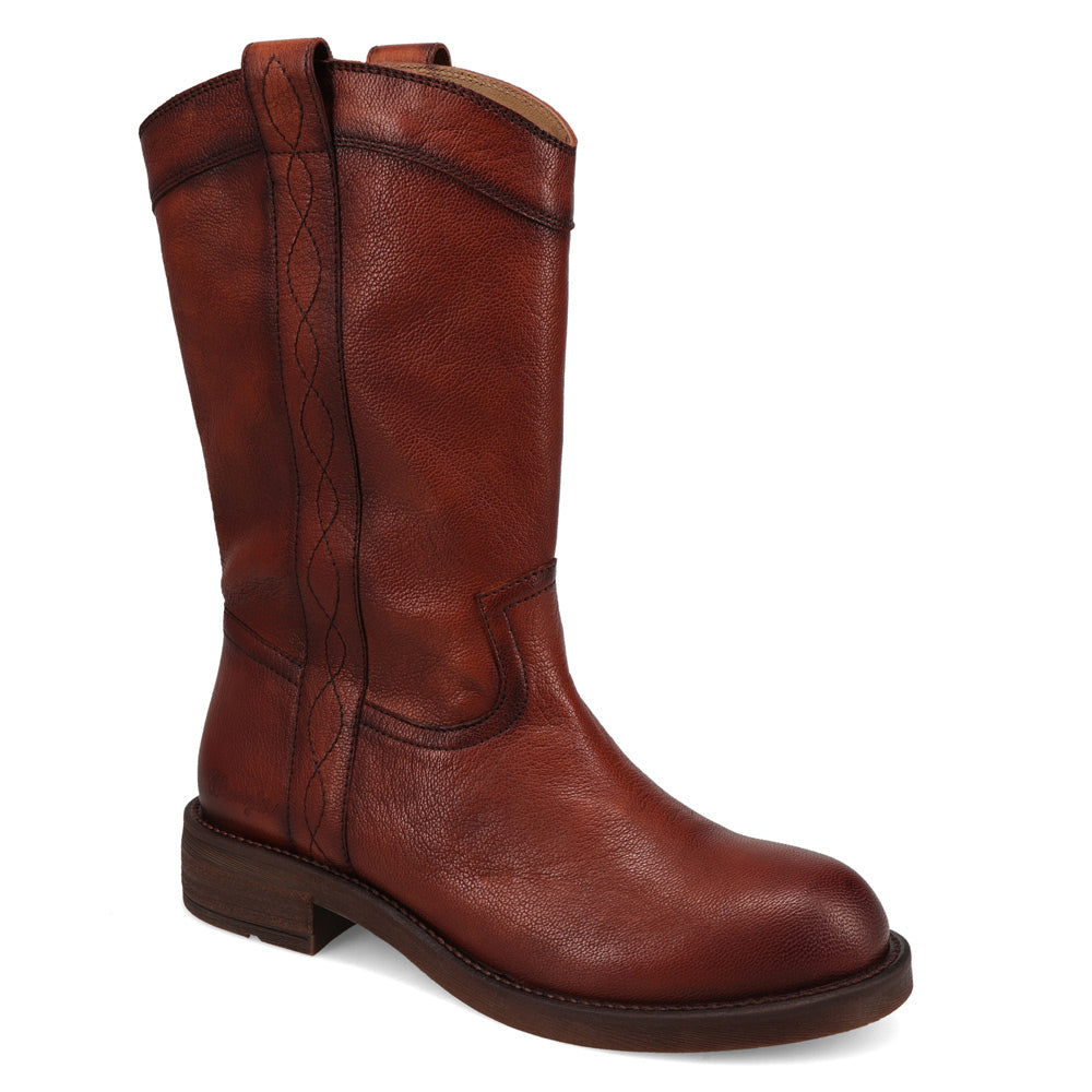 Burnished Saddle-WRANGLER Womens Delilah Leather Round-Toe Western Cowboy Boot