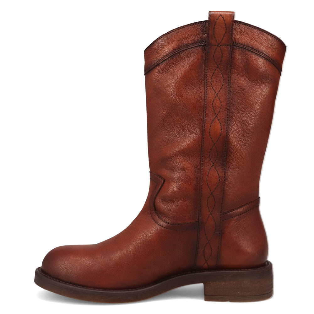 Burnished Saddle-WRANGLER Womens Delilah Leather Round-Toe Western Cowboy Boot